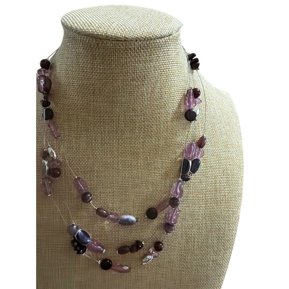 Purple Multi Strand Illusion Necklace Beaded Layered Silver Tone Plum